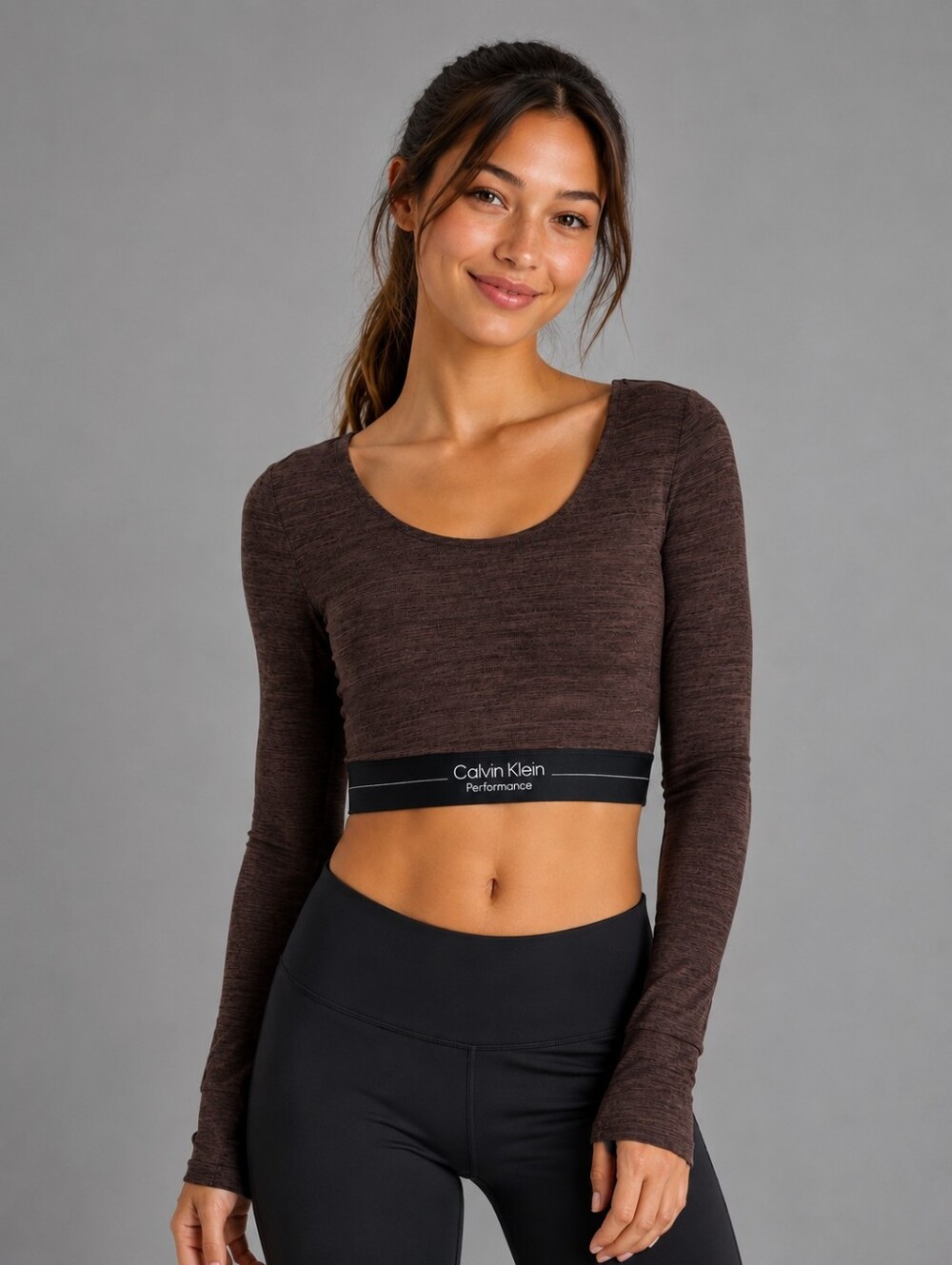 Calvin Klein Women's Brown Long-Sleeve Crop Top Gym Athletic